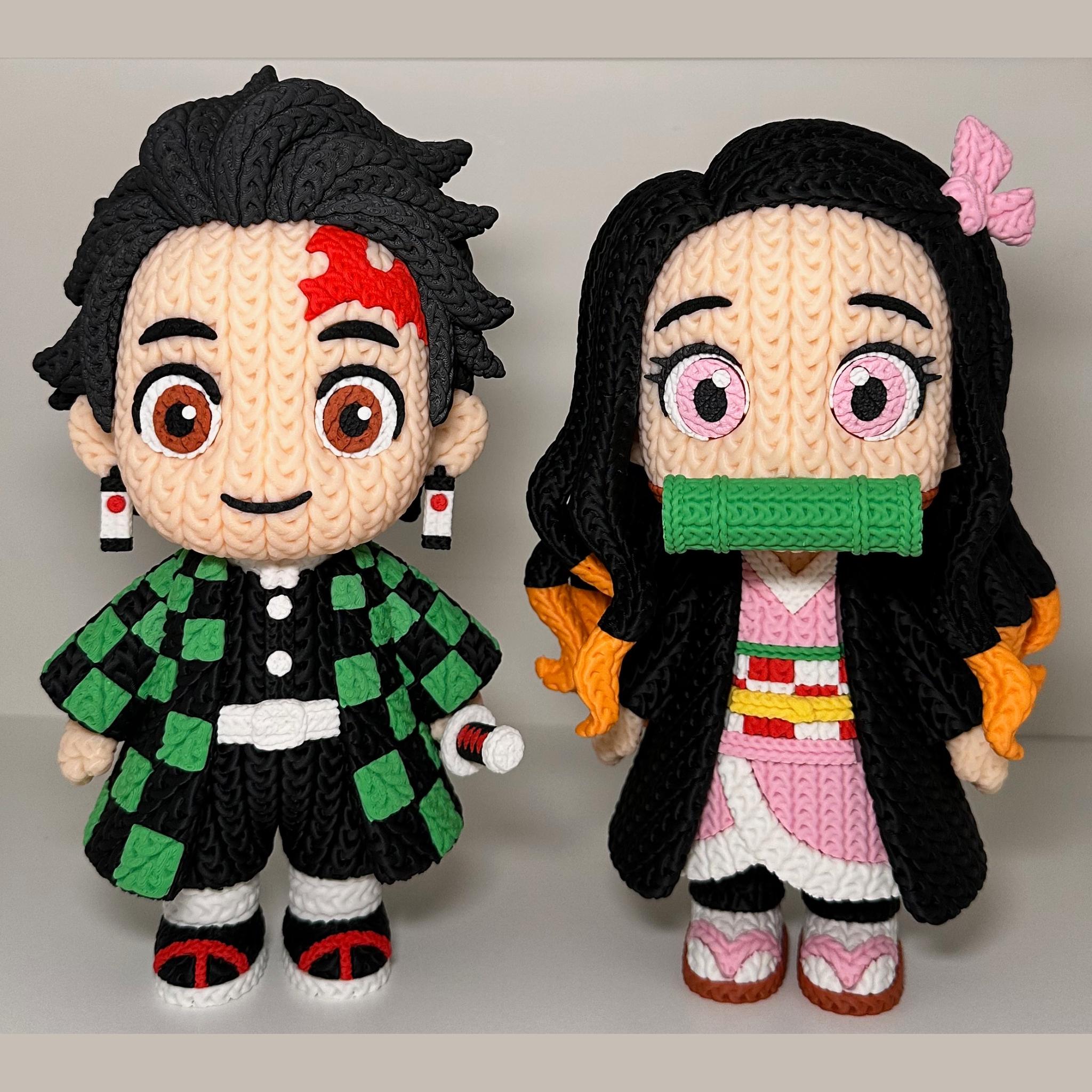 Tanjiro, Nezuko Knitted Figures - Demon Slayer Inspired - 3D Printed Display